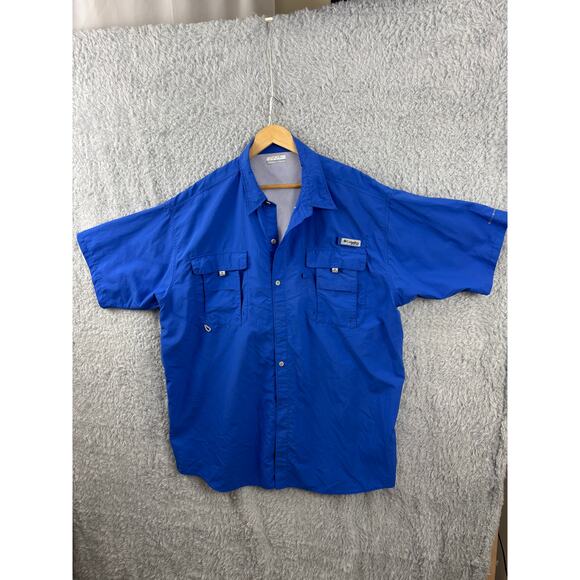 Columbia PFG Fishing Shirt Blue Short Sleeve Button Front Men’s 2XT Vented - Picture 2 of 13